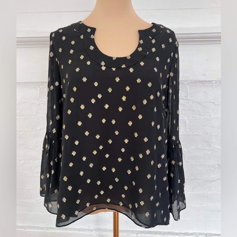 Lilly Pulitzer Amory Starry Silk Chiffon Blouse Black Gold Metallic Bell Sleeve - Picture 13 of 17